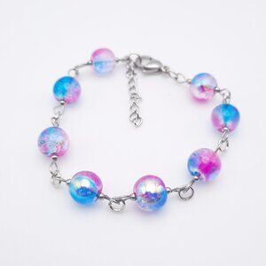 Pink & Blue Glass Beaded Colorful Adjustable Chain Bracelet Handmade Jewelry